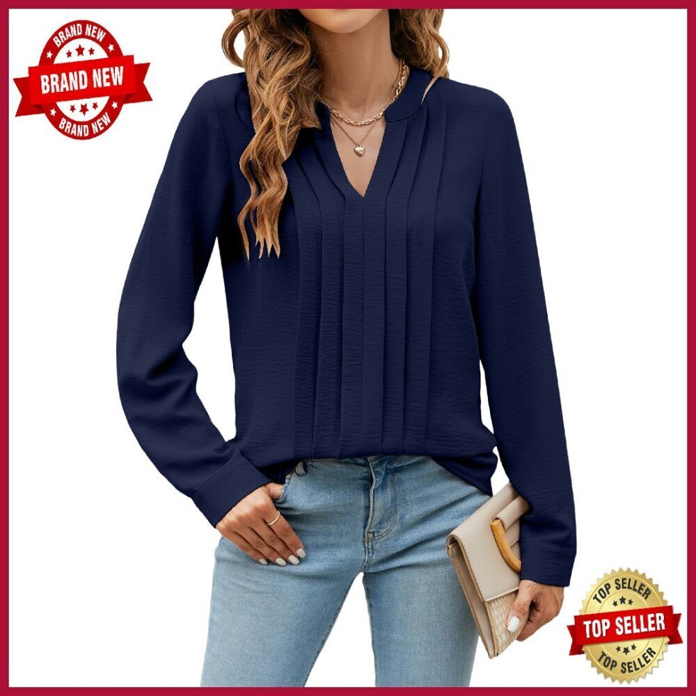 Long Sleeve V Neck Pleated Blouse Business Casual Top Regular Fit - Picture 1 of 8